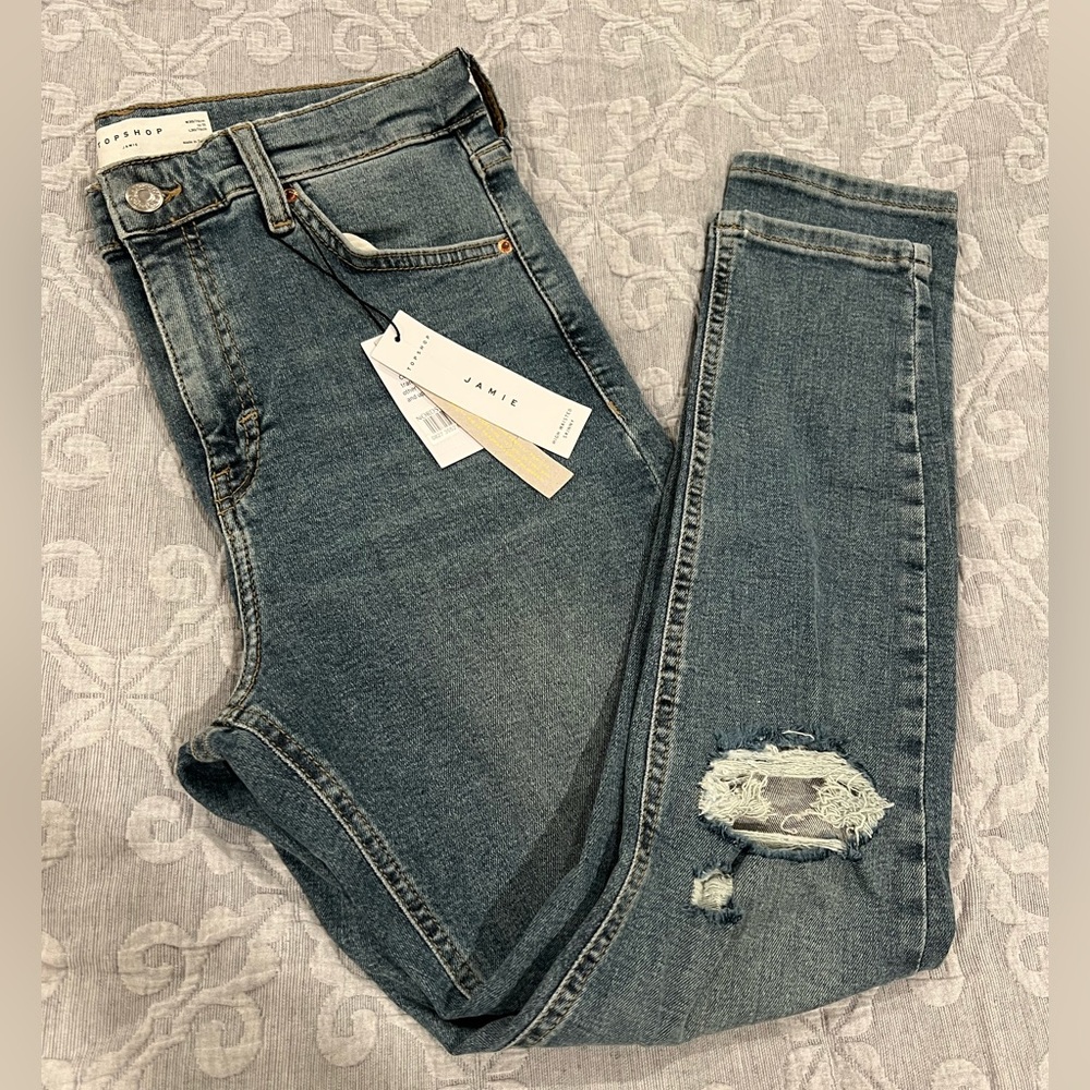 Topshop Blue Distressed Skinny Jeans